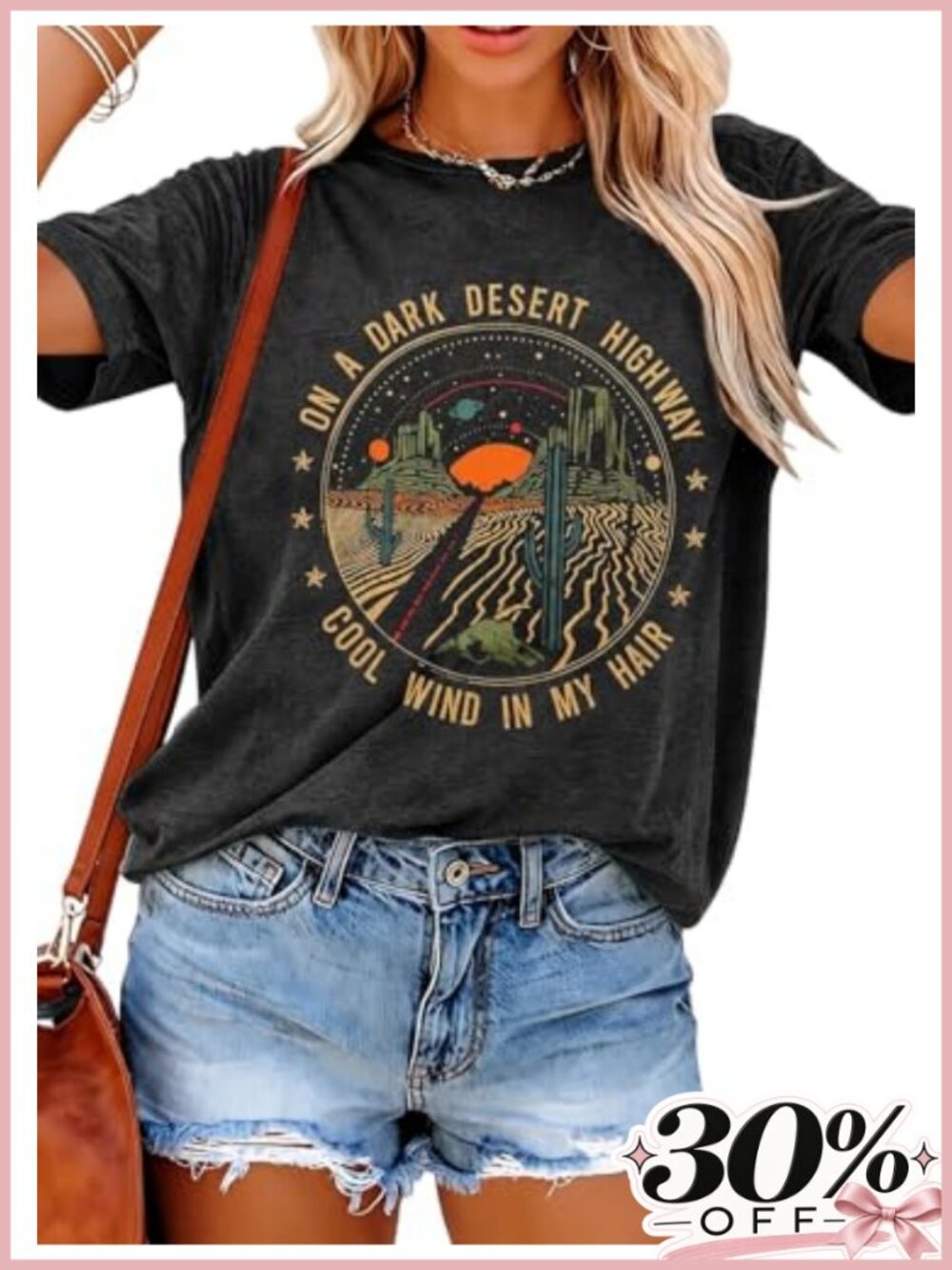 Women Retro Desert Highway Graphic Tee Soft Rayon Blend Short Sleeve